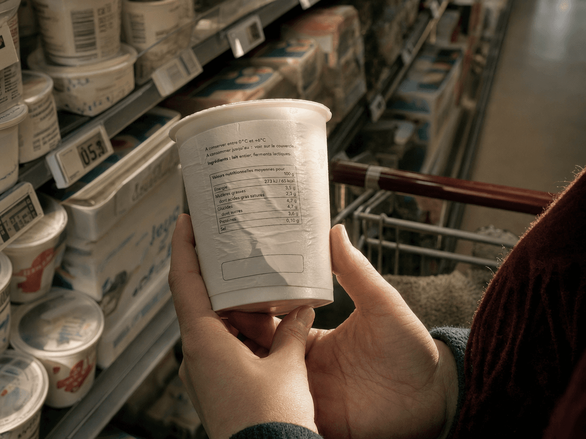 Un rayon de supermarché filmé en lumière rasante de fin d'après-midi, où l'œil s'arrête sur la face arrière d'un pot de yaourt blanc tenu à bout de bras — l'emplacement du Nutri-Score, vide, légèrement froissé, capte seul la lumière.