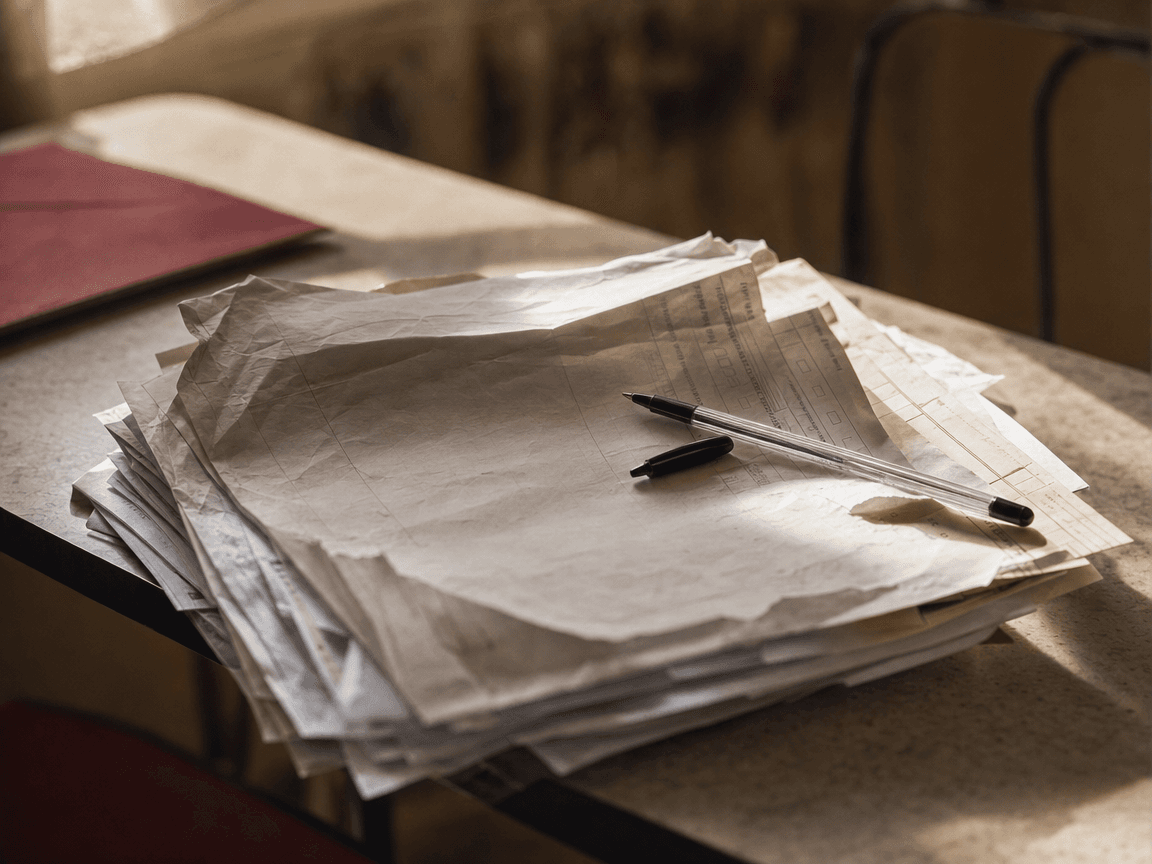 Une liasse de documents administratifs froissés posée sur une table en formica, éclairée par la lumière oblique d'une fenêtre de cuisine, un stylo bille posé en travers, capuchon dévissé.