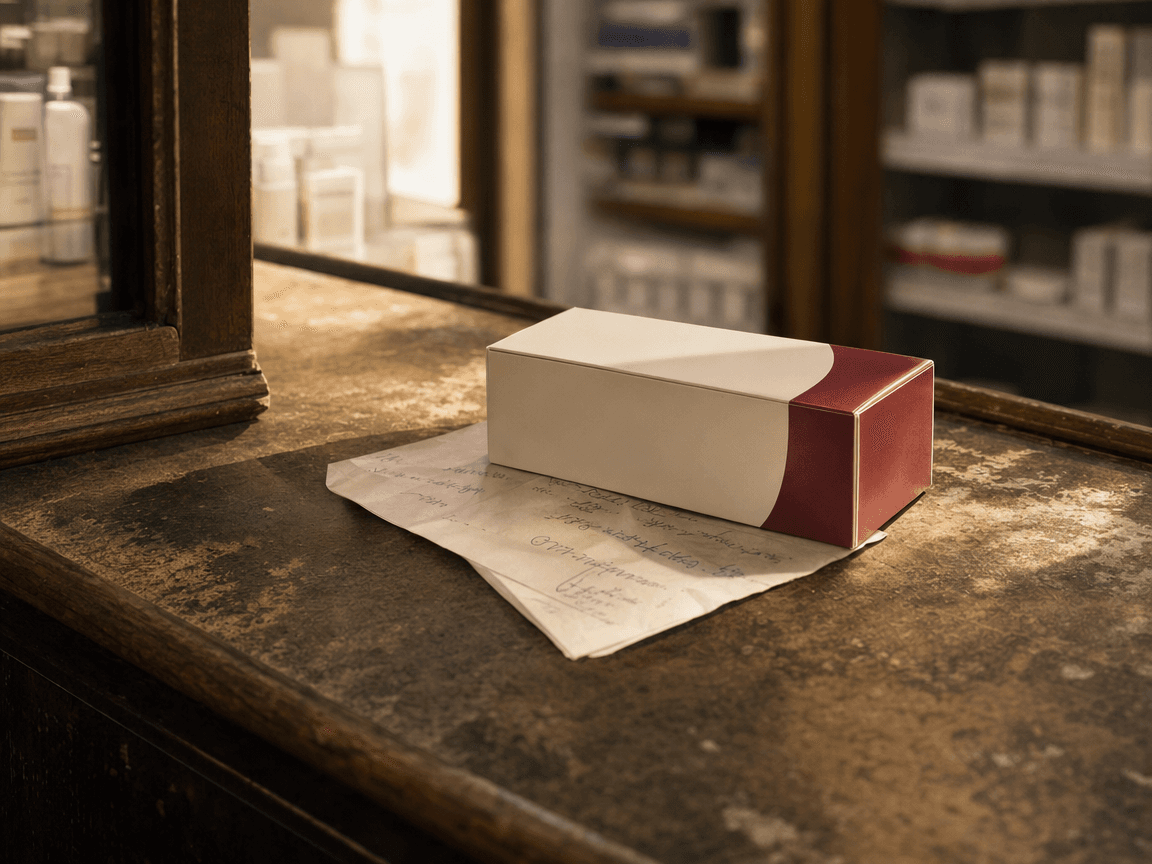 Une boîte de médicament générique posée sur le comptoir en bois patiné d'une pharmacie de quartier, la lumière de fin d'après-midi rasant la surface et révélant les traces d'usure du bois, l'ordonnance manuscrite glissée dessous, légèrement froissée.