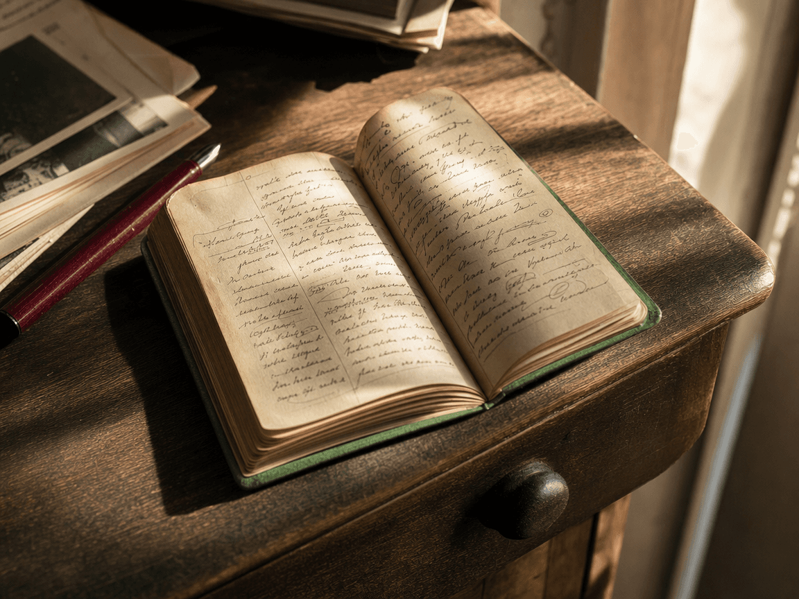 Un petit livret vert à la couverture défraîchie, posé ouvert sur un tiroir en bois sombre, ses pages jaunies couvertes d'une écriture manuscrite illisible, baigné d'une lumière rasante de fin d'après-midi.