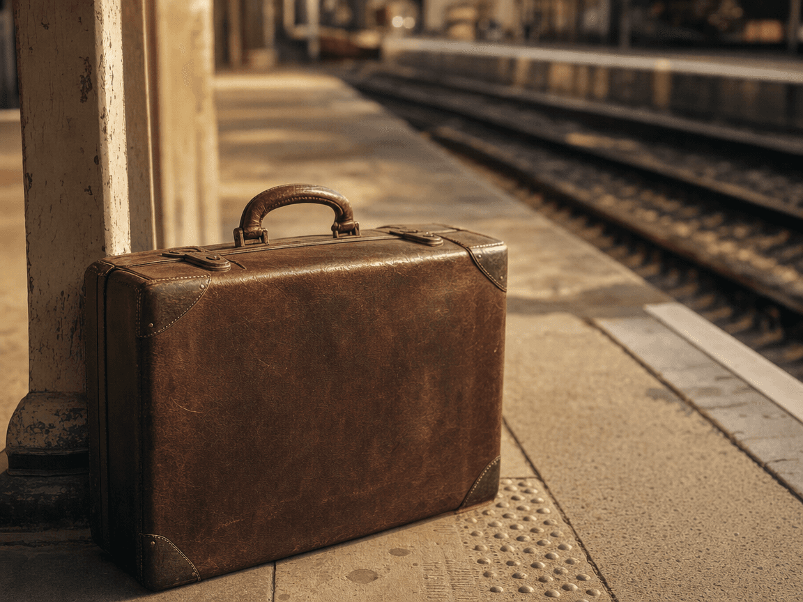 Une valise en cuir patiné posée sur le quai d'une gare, photographiée en contre-plongée légère, dont la poignée nue et sans étiquette se détache sur le flou doux des rails et d'une lumière de fin d'après-midi dorée.