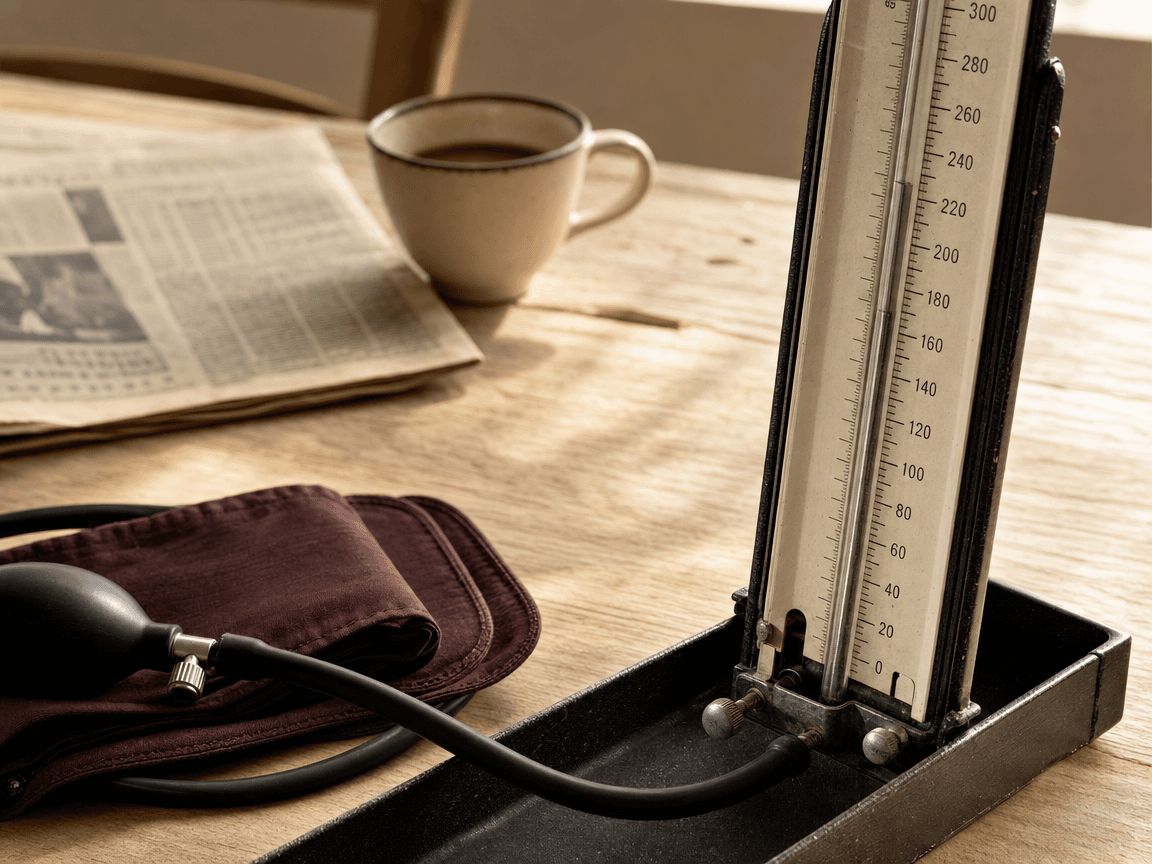 Un tensiomètre à colonne de mercure posé sur une table de cuisine en bois clair, lumière de fin de matinée rasant le cadran gradué, fond légèrement flou laissant deviner une tasse de café et un journal ouvert.