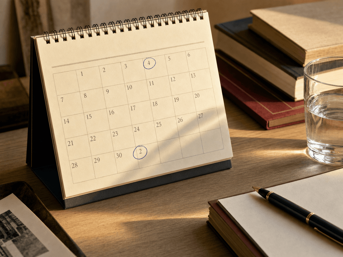 Un calendrier de bureau ouvert sur septembre 2026, posé sur une table en bois clair, deux dates cerclées au stylo-bille bleu à quatre semaines d'intervalle, lumière de fin d'après-midi rasante.
