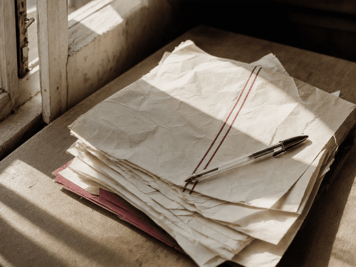 Une liasse de feuilles administratives froissées posée sur une table en bois clair, un stylo bille abandonné en travers, la lumière rasante d'une fin d'après-midi d'été filtrant par une fenêtre entrouverte.