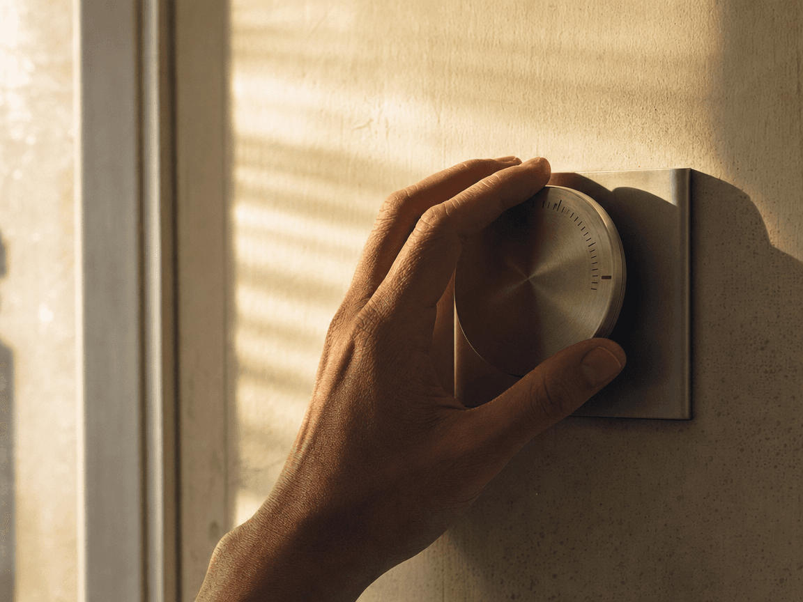 Une main posée sur un thermostat mural en métal brossé, dans la lumière oblique d'une fin d'après-midi traversant des persiennes mi-closes, le mur derrière légèrement délavé par des étés successifs.