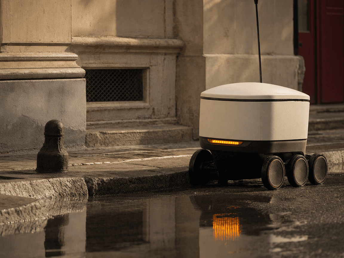 Un petit robot de livraison autonome, caisse blanche aux angles arrondis, immobilisé au bord d'une rue pavée en fin d'après-midi, son feu clignotant orange se reflétant dans une flaque d'eau sur l'asphalte mouillé.