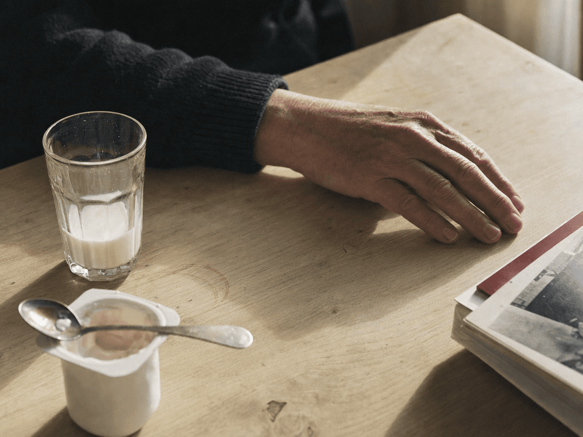Une main posée sur une table en bois clair, à côté d'un verre de lait à moitié bu et d'un pot de yaourt ouvert dont la cuillère repose en travers, lumière de fin de matinée rasant la surface et révélant les traces laissées par le verre.
