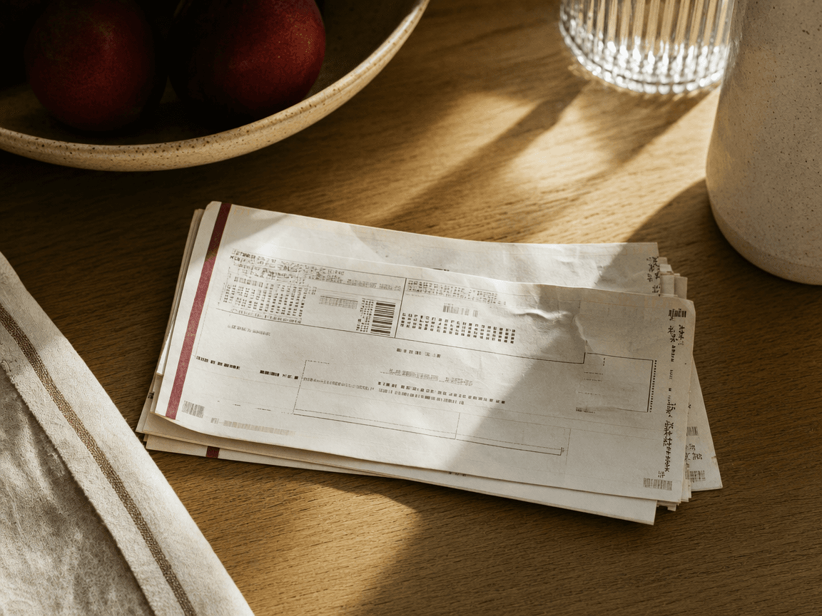Une liasse de billets de train imprimés sur papier thermique, posée à plat sur une table en bois clair, froissée sur un coin, photographiée en légère plongée dans la lumière rasante d'une fenêtre de cuisine.