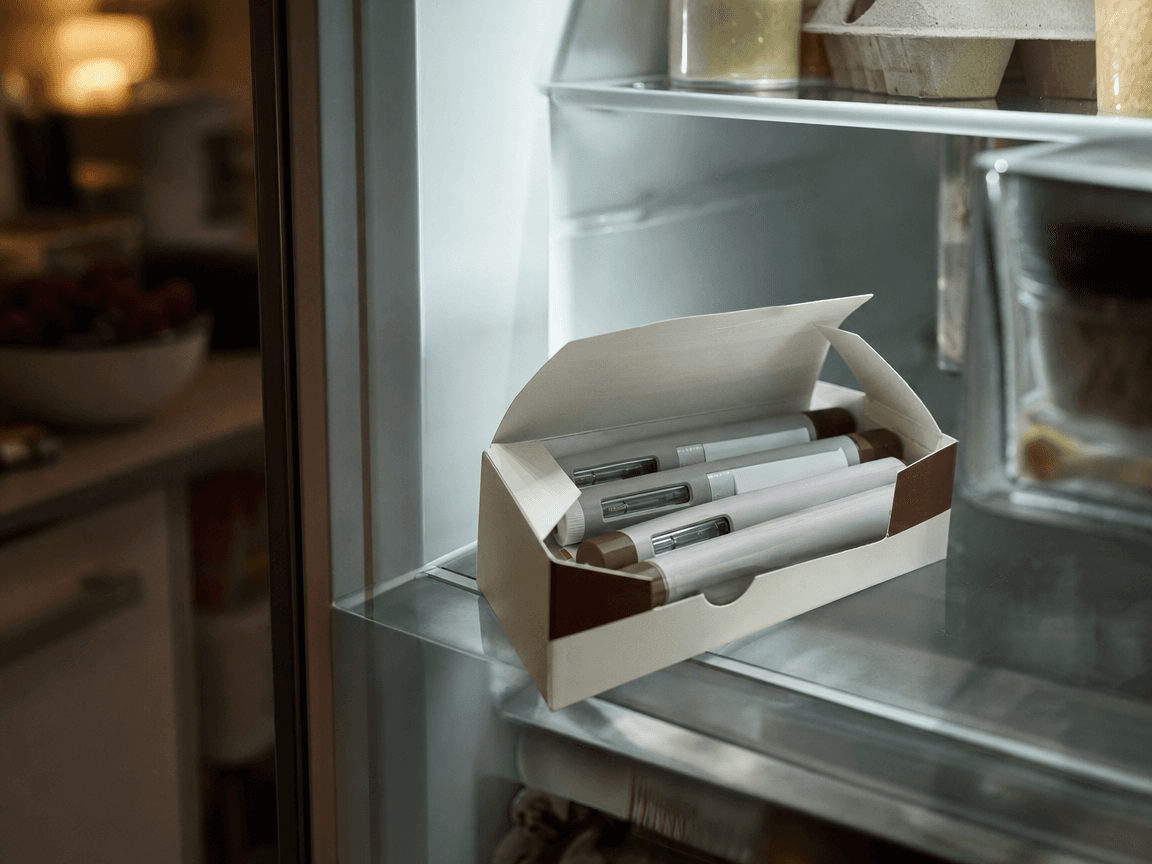 Une boîte de stylos injecteurs réfrigérés entrouverte sur la clayette en verre d'un réfrigérateur domestique, lumière froide du frigo tranchant dans la pénombre chaude d'une cuisine du soir.