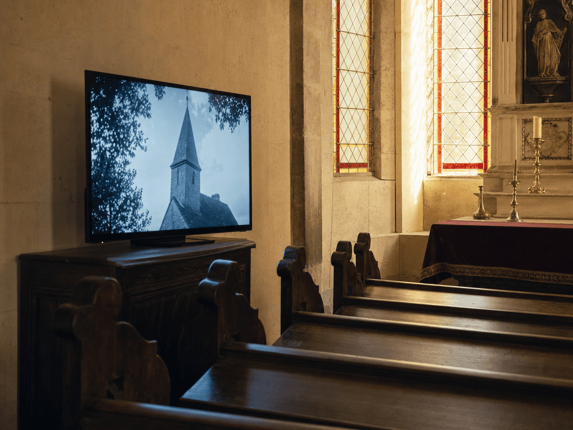 Une télévision allumée dans une église de village, son écran diffusant une lumière bleutée sur les bancs de bois vides, tandis que par les vitraux filtre la lumière dorée d'un matin de septembre.