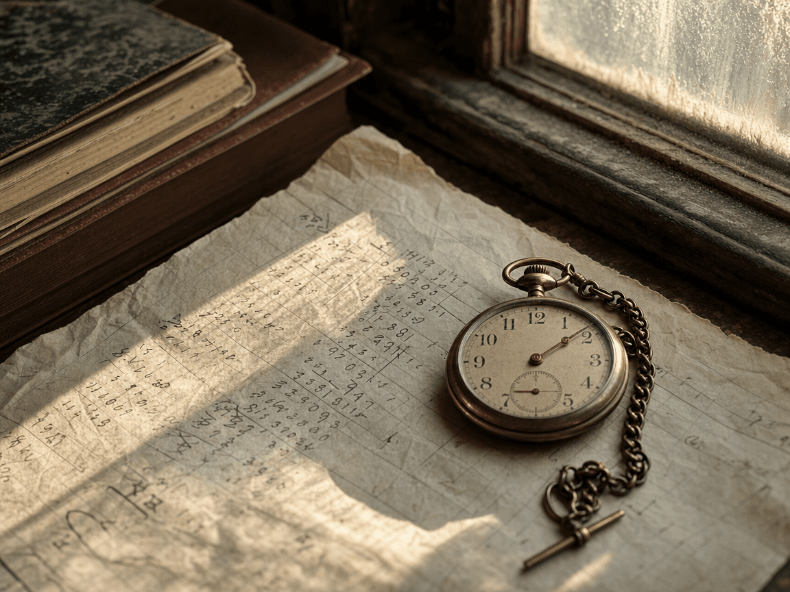 Une montre à gousset ancienne posée sur une feuille de papier froissée couverte de chiffres manuscrits, éclairée par la lumière rasante d'une fin d'après-midi traversant une fenêtre aux vitres légèrement embuées.