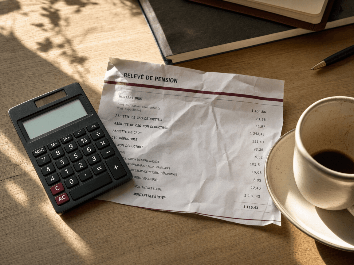 Une calculatrice posée sur une table en bois clair, à côté d'un relevé de pension froissé et d'une tasse de café à moitié vide, baignés dans la lumière oblique d'une fin de matinée.