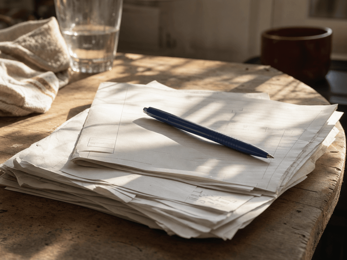 Une liasse de formulaires administratifs froissés, posée sur une table en bois usé, éclairée par la lumière rasante d'une fenêtre de cuisine, un stylo biro bleu abandonné en travers.