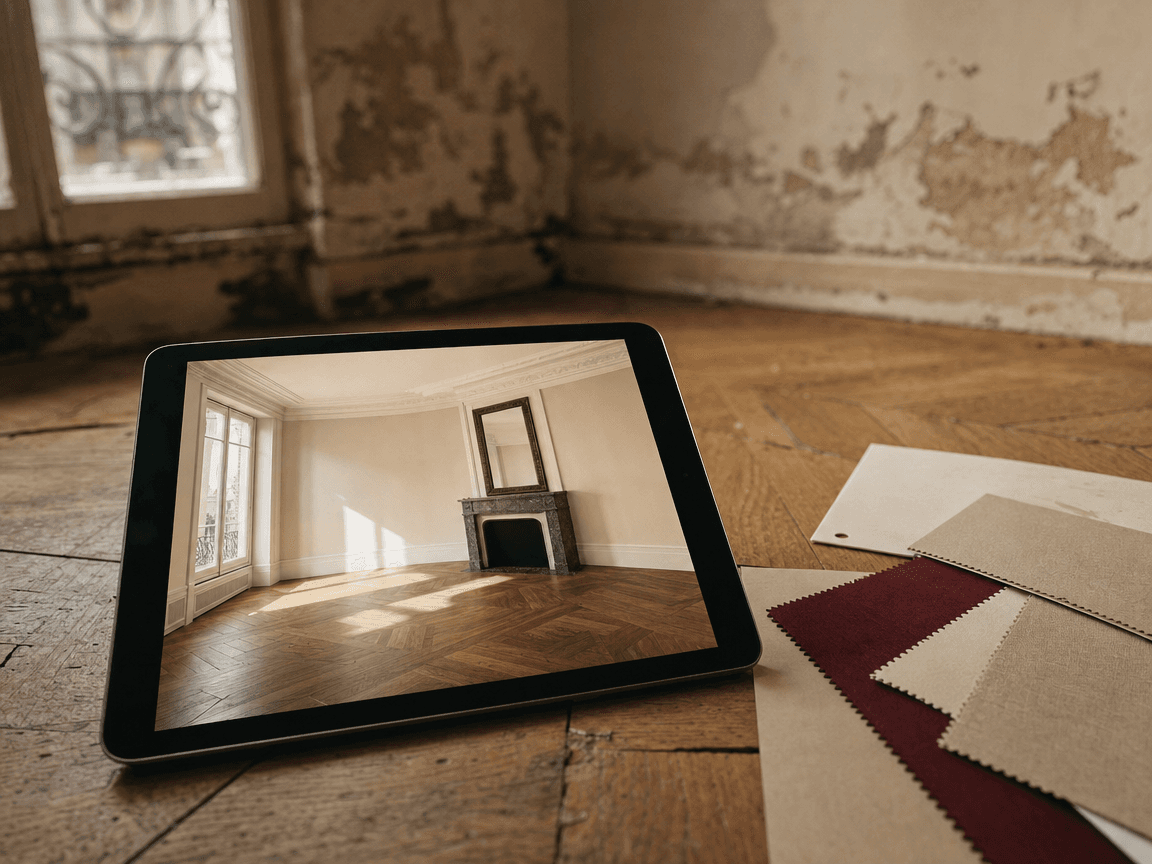 Une tablette posée sur un parquet usé affiche la photo retouchée d'une pièce lumineuse et spacieuse, tandis que le même angle de vue, en arrière-plan flou, révèle un mur aveugle et une peinture écaillée.