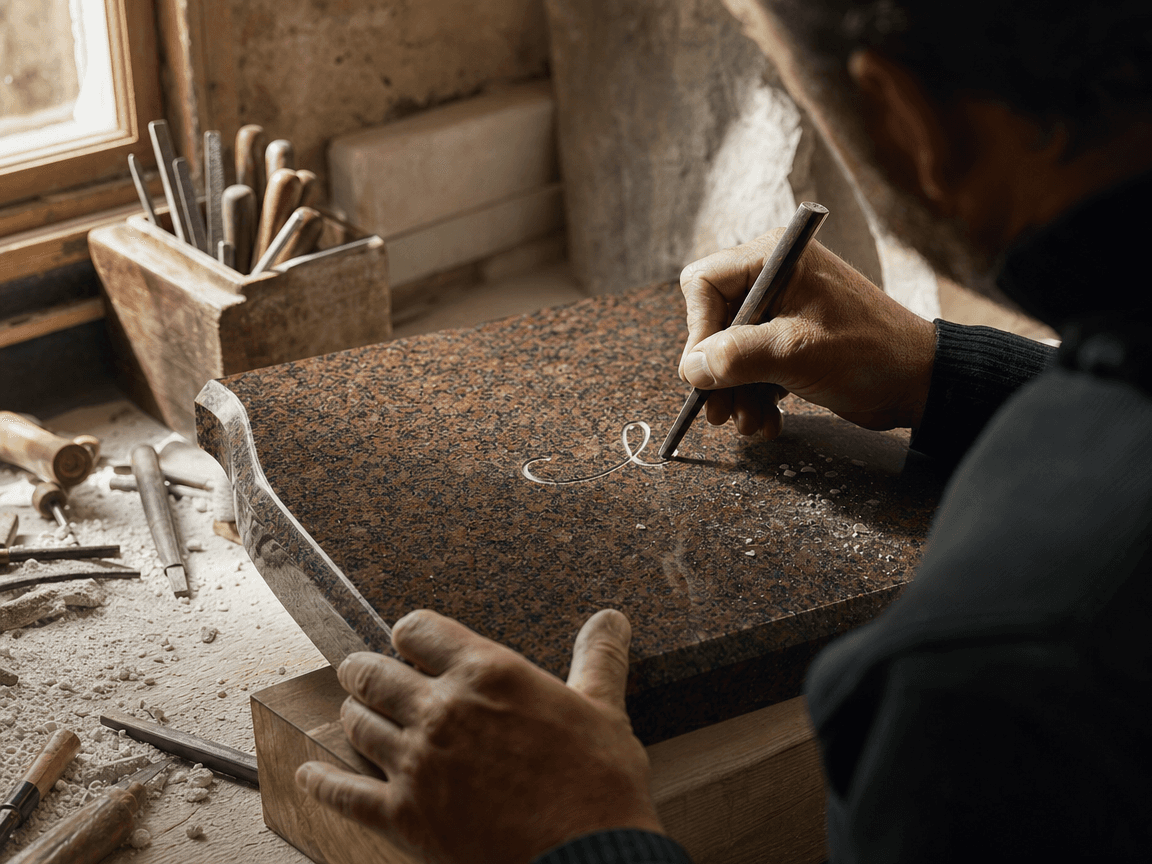 Une plaque de granit poli posée sur un établi d'atelier, où un artisan grave au burin les dernières lettres d'une phrase personnelle, copeaux de pierre clairs épars dans la lumière oblique d'une fenêtre d'atelier.