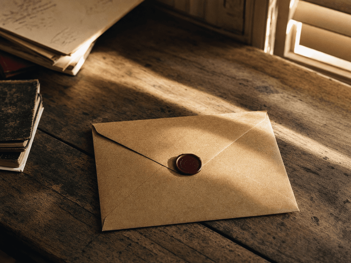 Une enveloppe kraft posée sur une table en bois usé, encore cachetée, dans la lumière oblique d'une fin d'après-midi qui traverse une fenêtre aux volets mi-clos.