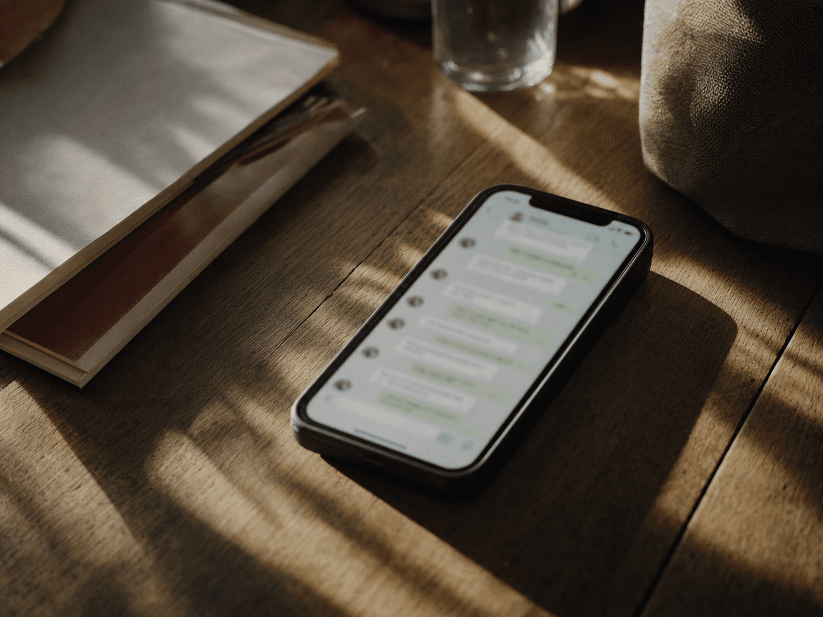 Un smartphone posé sur une table en bois, écran allumé affichant une conversation WhatsApp floue et illisible, lumière de fin d'après-midi rasante qui découpe l'ombre du cadre de fenêtre sur la surface.