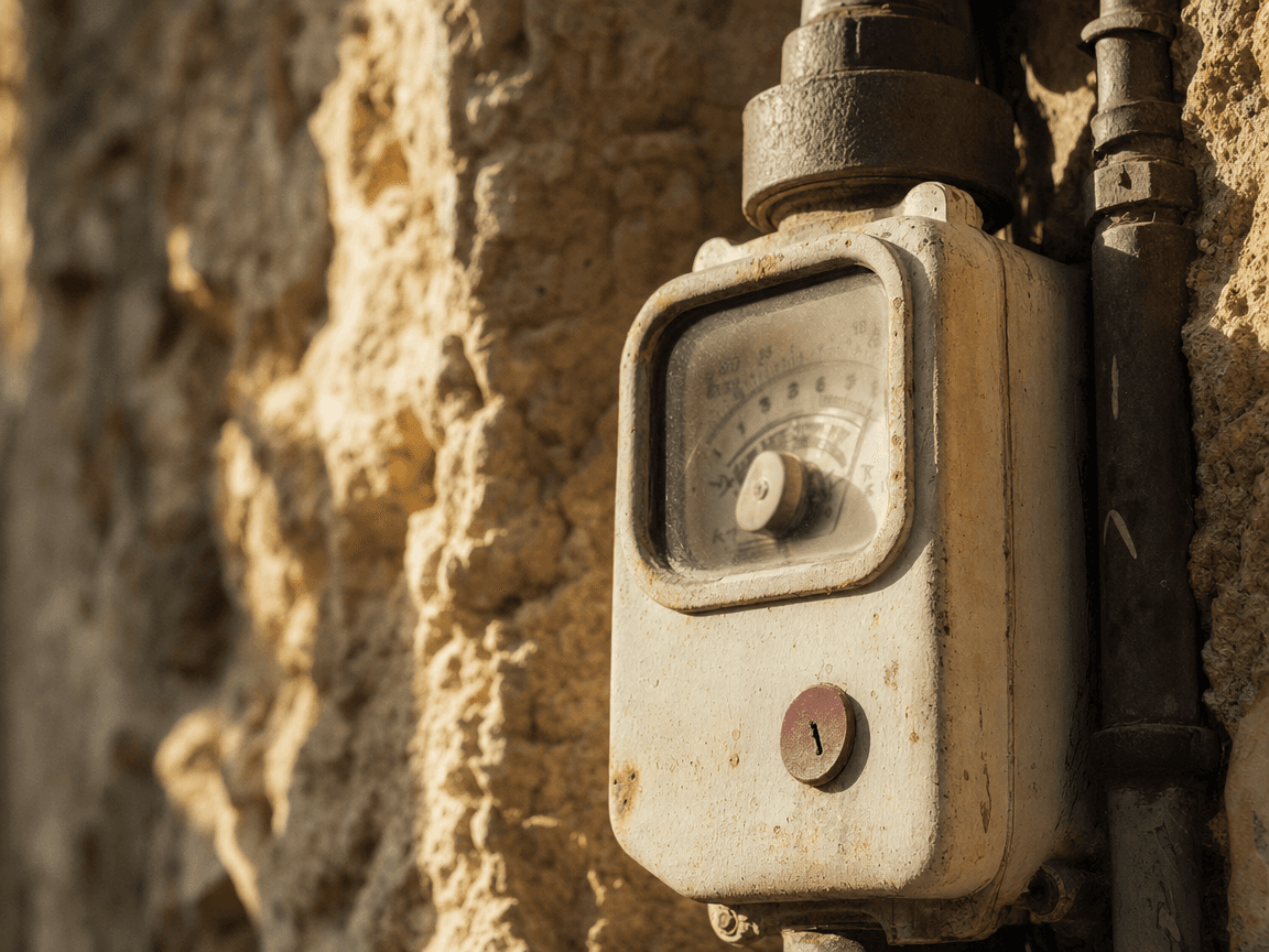 Un compteur à gaz ancien vissé sur un mur de pierre ocre, filmé en lumière rasante de fin d'après-midi, le cadran légèrement flou en arrière-plan.