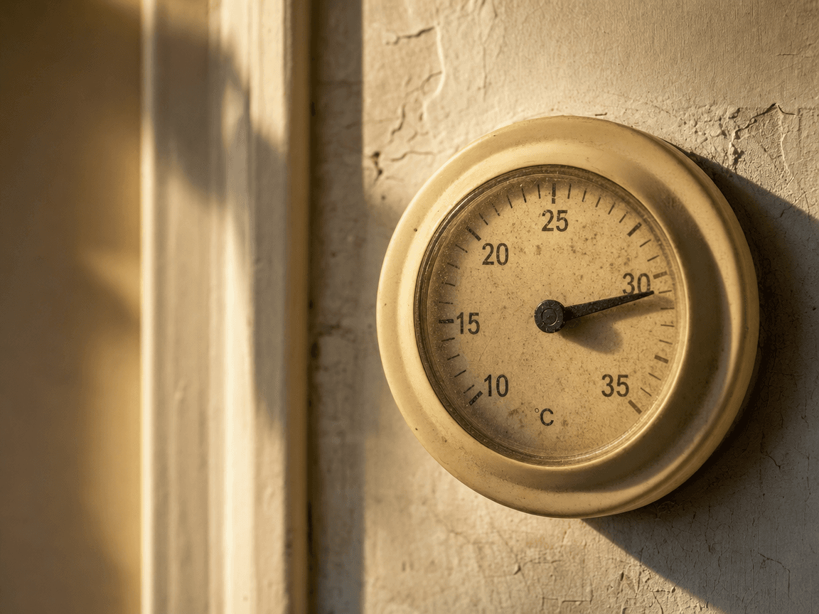 Un thermostat mural ancien, cadran jauni, aiguille figée sur une température élevée, éclairé en lumière rasante d'après-midi depuis une fenêtre hors champ.