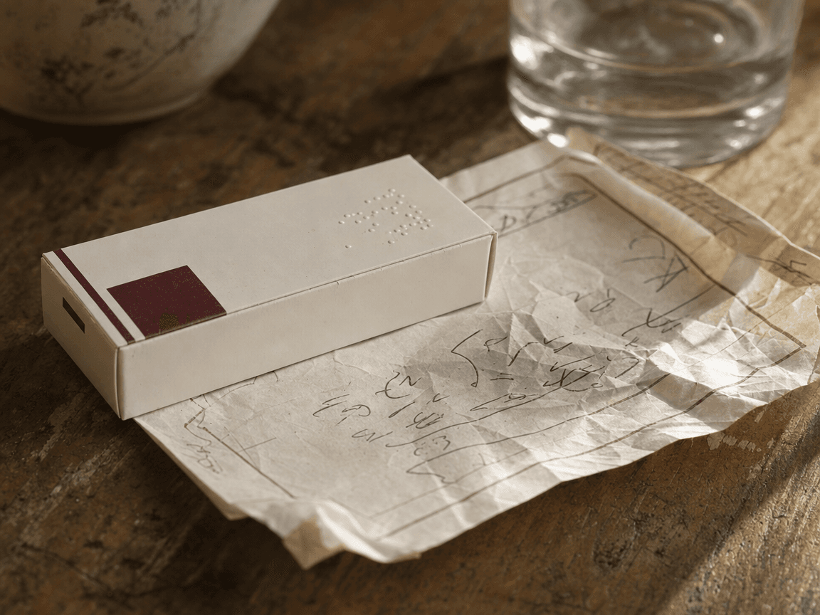 Une boîte de médicament générique posée sur une ordonnance manuscrite froissée, lumière de fin d'après-midi filtrant par une fenêtre de cuisine, fond de bois usé.