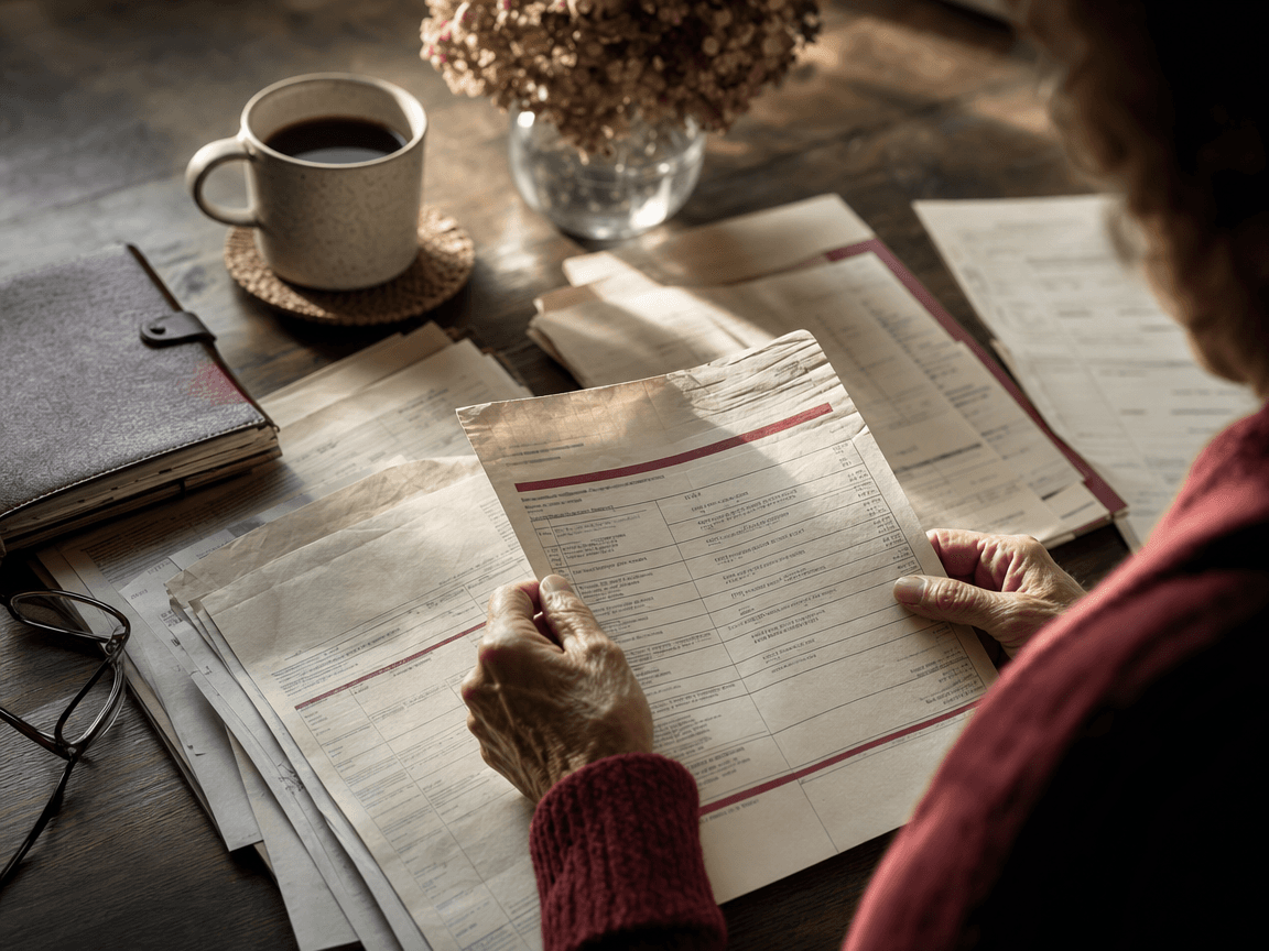 Une liasse de bulletins de pension étalée sur une table en bois sombre, froissée aux coins, éclairée par la lumière oblique d'une fenêtre de cuisine en fin d'après-midi.