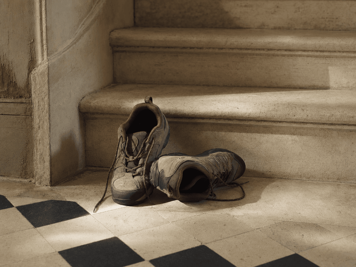 Une paire de chaussures de marche posée au pied d'un escalier en pierre baigné de lumière matinale, l'une droite, l'autre légèrement renversée sur le côté.