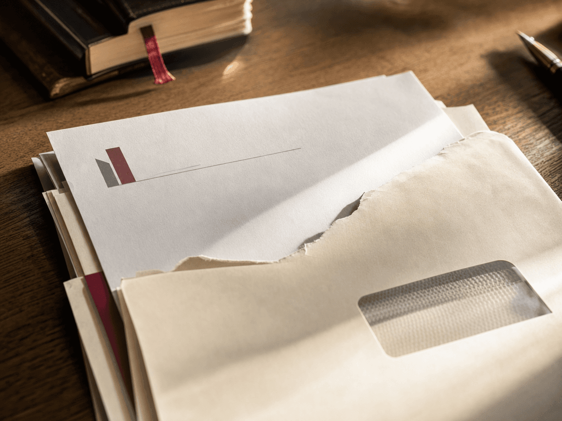 Une liasse de courriers administratifs posée sur une table en chêne, effleurée par la lumière rasante d'une fenêtre, l'en-tête d'un Conseil départemental à peine lisible sous le bord d'une enveloppe décachetée.