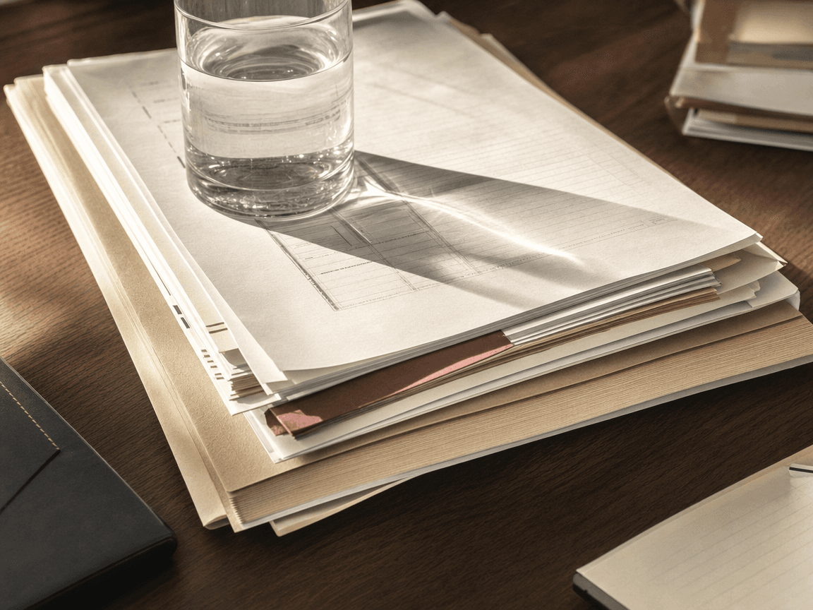Une liasse de documents administratifs posée sur une table en bois, retenue par un verre d'eau, dans la lumière oblique d'une fin d'après-midi.