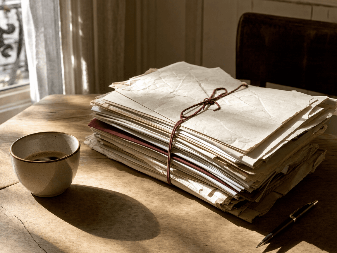 Une liasse de documents administratifs froissés posée sur une table en bois clair, à côté d'une tasse de café à moitié vide, photographiée en lumière rasante de fin d'après-midi.