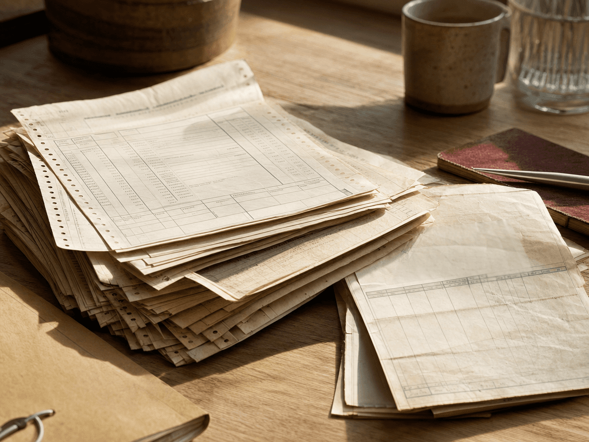 Une liasse de fiches de paie jaunies et de relevés de trimestres cotisés, posée sur une table en bois clair, effleurée par la lumière oblique d'une fin d'après-midi.