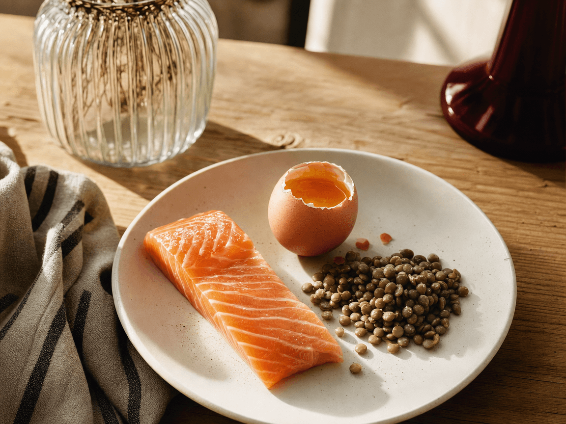 Une assiette blanche posée sur une table en bois clair, où un filet de saumon cru côtoie une poignée de lentilles vertes et un œuf à la coque encore dans sa coquille, la lumière du matin rasant la surface et révélant les textures.