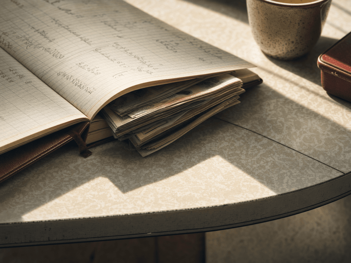 Une liasse de billets glissée entre les pages d'un carnet de comptes posé sur une table de cuisine en formica, éclairée par la lumière oblique d'une fenêtre matinale.