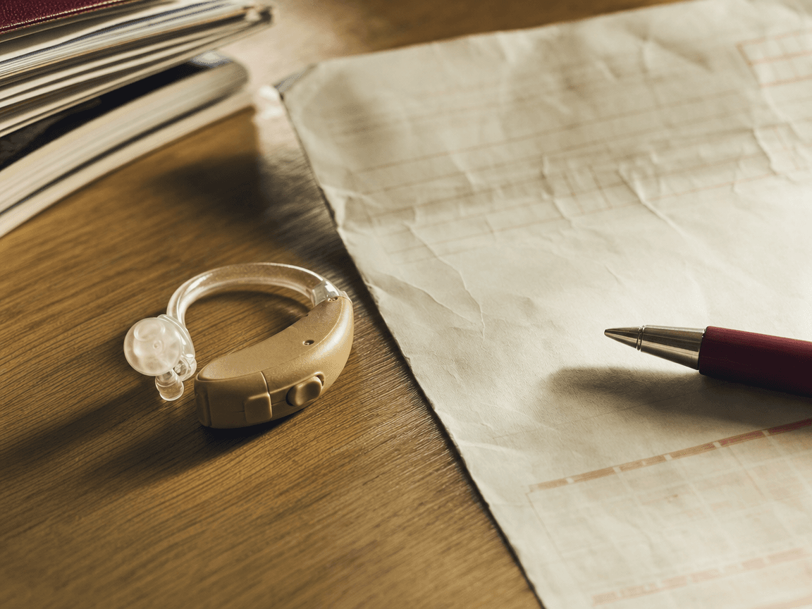Sur une table en bois clair, un appareil auditif beige posé à côté d'une feuille de remboursement froissée et d'un stylo bille, lumière de fin d'après-midi rasante depuis une fenêtre hors champ.
