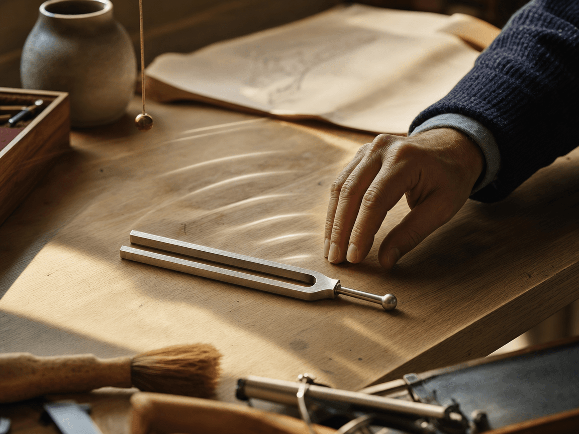 Une table de travail en bois clair, éclairée en lumière rasante de fin d'après-midi, sur laquelle repose un diapason métallique dont les vibrations semblent encore suspendues dans l'air.