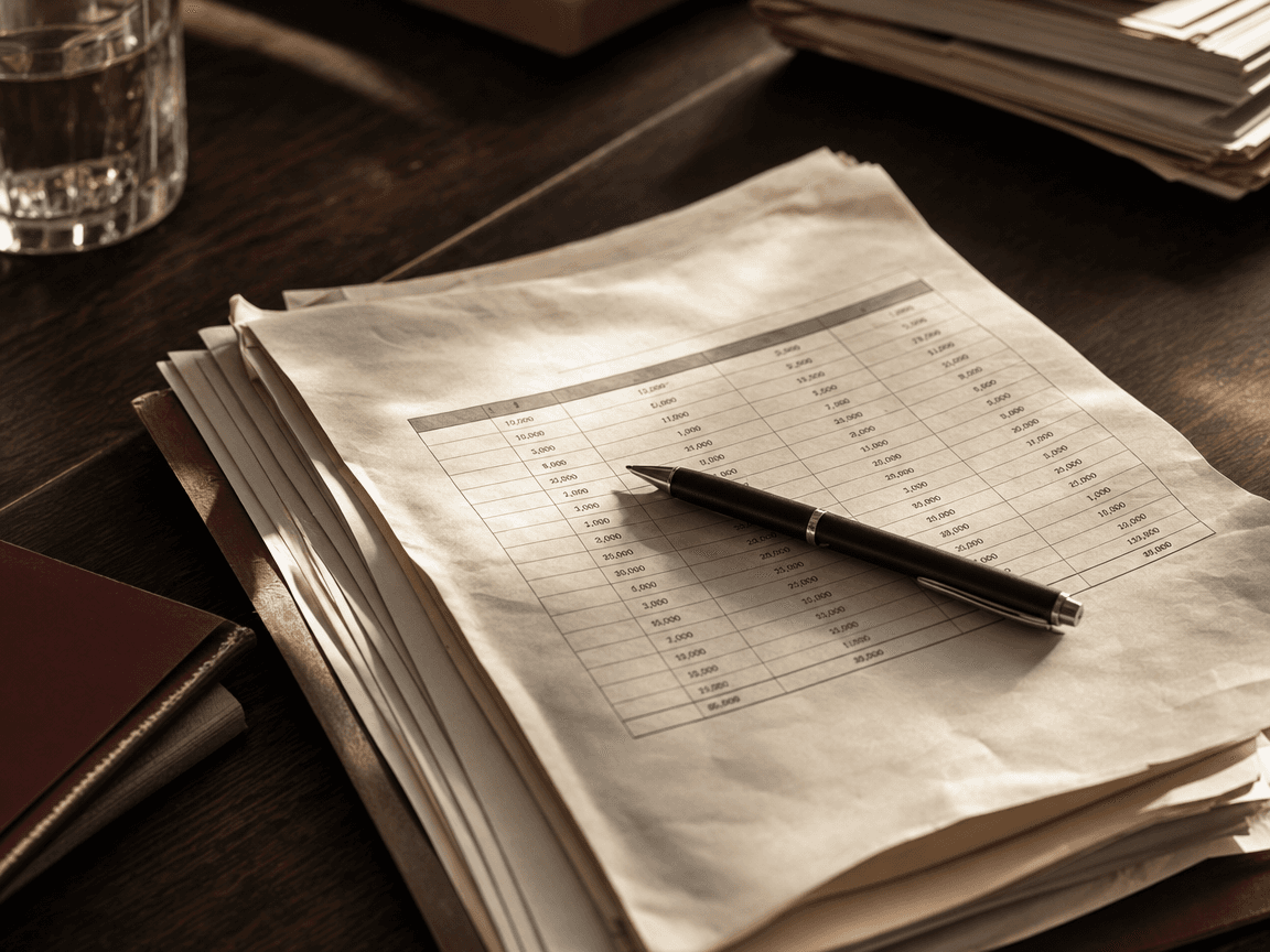 Une liasse de documents administratifs froissés sur un bureau en bois sombre, stylo posé en travers, lumière de fin d'après-midi rasant la surface et révélant les chiffres d'un tableau de projections financières.