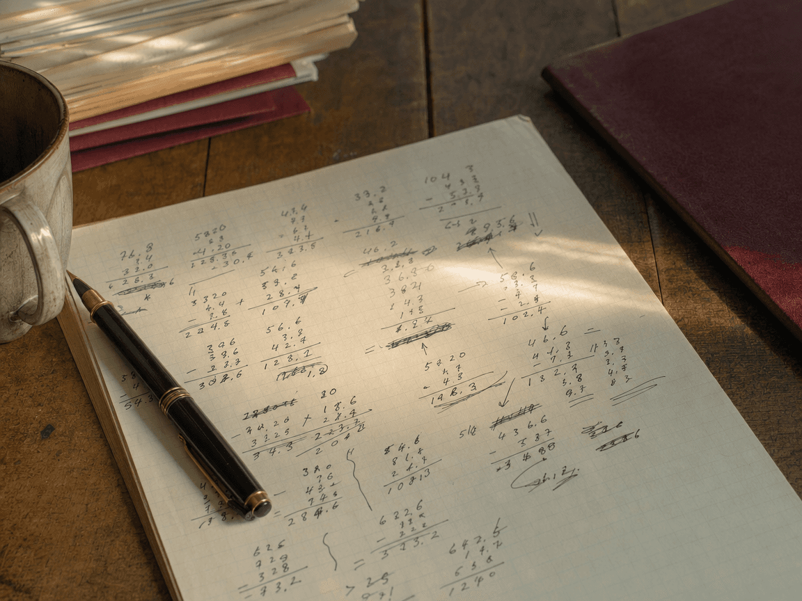 Une feuille de calcul manuscrite posée sur une table en bois, couverte de chiffres raturés et de flèches hésitantes, éclairée par la lumière oblique d'une fin d'après-midi.