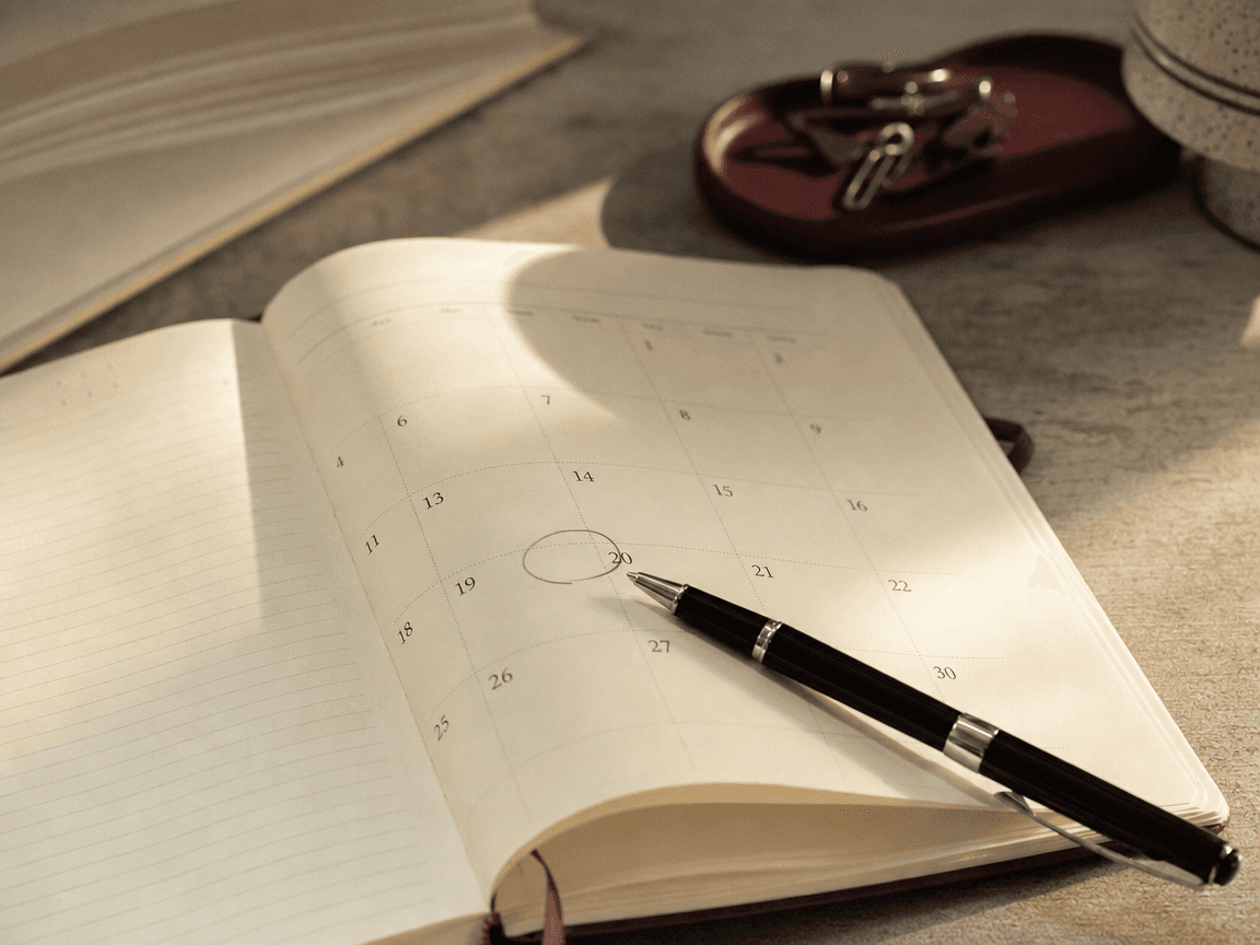 Un agenda de bureau ouvert sur le mois d'août, stylo posé en travers, une date entourée au crayon dans la lumière oblique d'une fin d'après-midi.