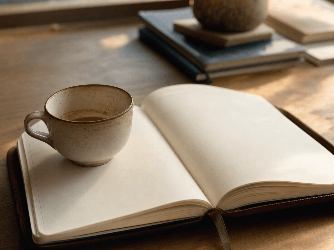 Une tasse de café à moitié vide posée sur un agenda ouvert dont les pages, vierges de tout rendez-vous, se perdent dans un flou de lumière dorée de fin de matinée.