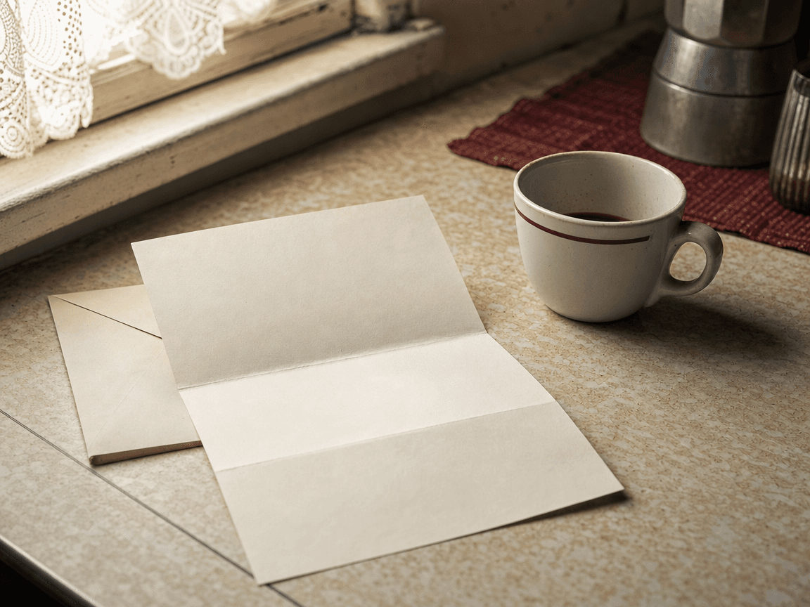 Une lettre de notification de pension posée sur une table en formica usé, éclairée par la lumière froide d'une fenêtre de cuisine, à côté d'une tasse de café à moitié vide.