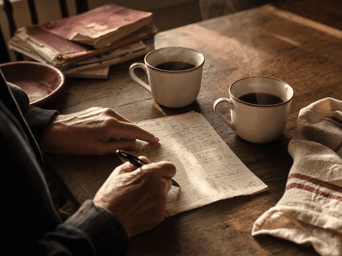 Une table de cuisine en bois usé, deux tasses de café encore fumantes côte à côte, et entre elles une feuille couverte de chiffres manuscrits, éclairée par la lumière rasante d'une fenêtre matinale.