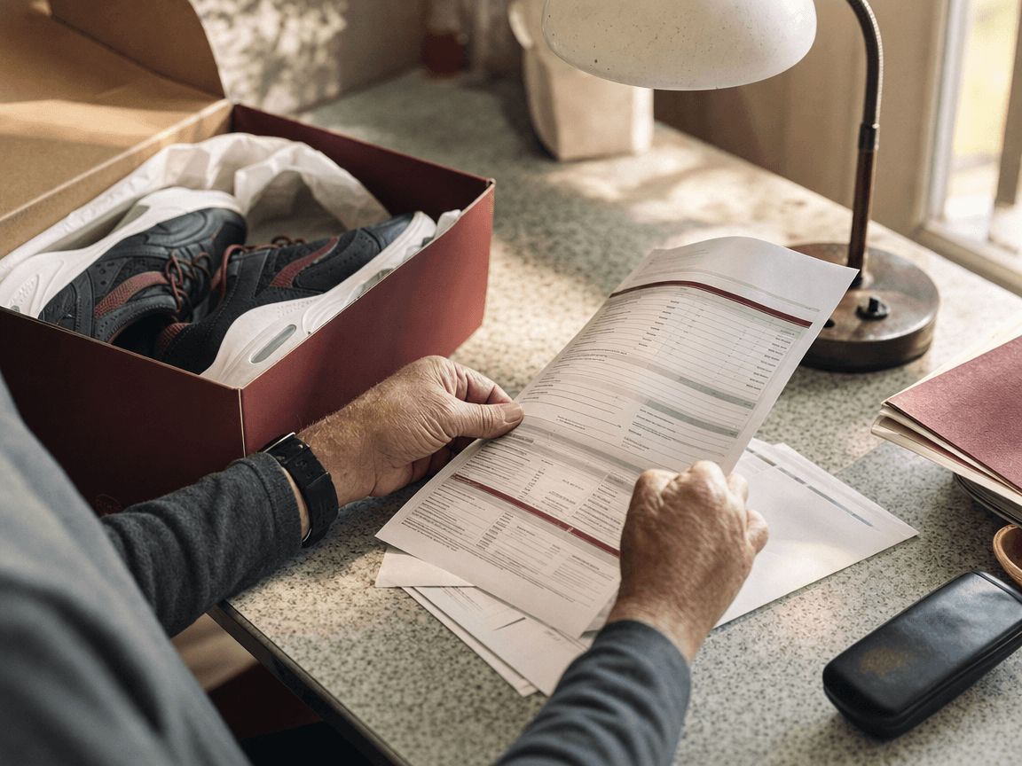 Sur une table en formica usé, un bulletin de pension étalé sous une lampe de bureau, à côté d'une paire de chaussures de sport neuves encore dans leur boîte.