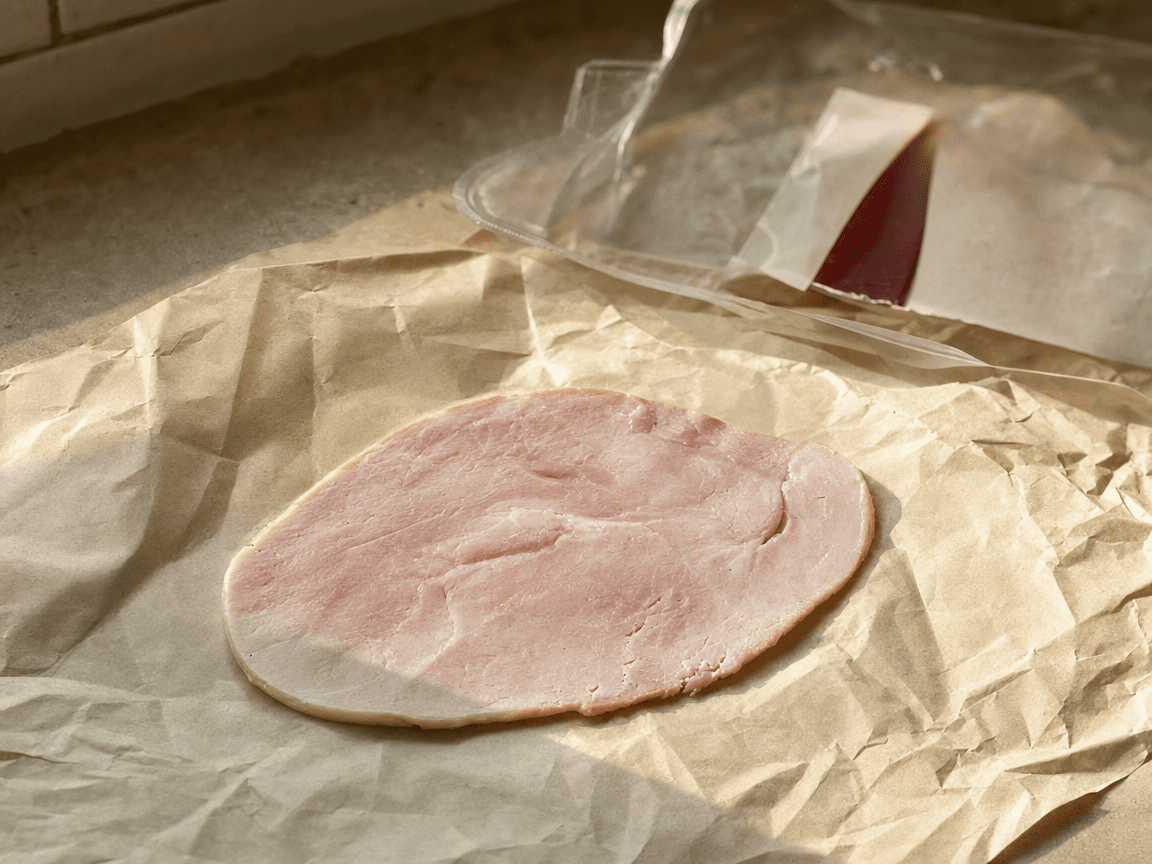 Une tranche de jambon blanc posée à plat sur du papier sulfurisé froissé, éclairée par la lumière rasante d'une fenêtre de cuisine, sa surface rosée et légèrement nacrée contrastant avec l'étiquette générique d'une marque de distributeur, partiellement décollée, visible en arrière-plan flou.