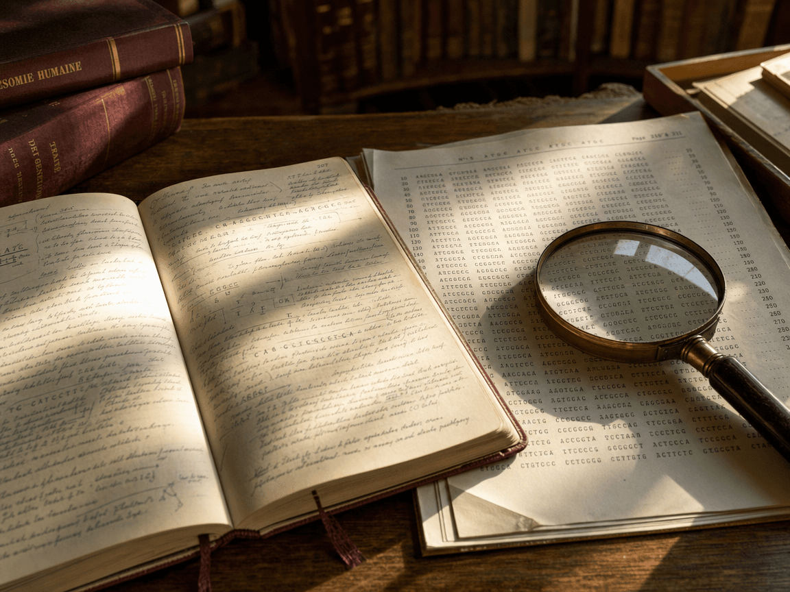 Une bibliothèque de recherche en fin d'après-midi : un carnet ouvert sur une table en bois, couvert d'annotations manuscrites serrées, à côté d'une loupe posée sur une double page de séquences génétiques imprimées, baignés dans une lumière dorée oblique qui traverse une fenêtre hors-champ.