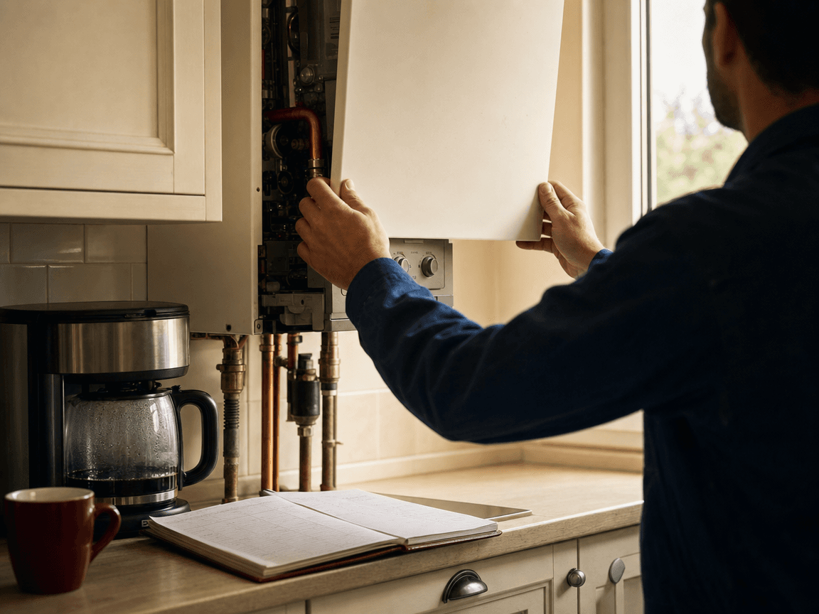 Un technicien en bleu de travail referme le capot d'une chaudière murale dans une cuisine baignée de lumière d'été, un carnet de bord posé sur le plan de travail à côté d'une cafetière encore chaude.