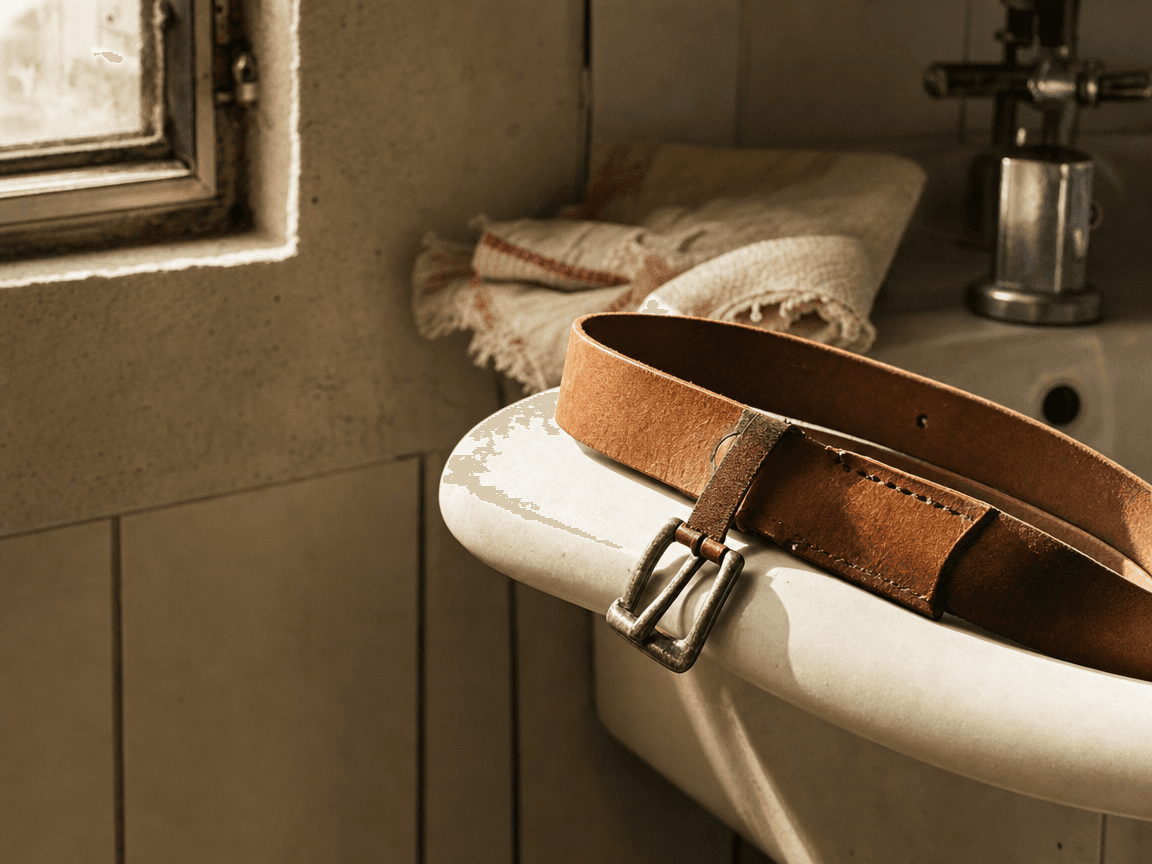 Une ceinture de cuir fauve posée sur un bord de lavabo en faïence blanche, sa boucle métallique légèrement oxydée, éclairée par la lumière rasante d'une fenêtre de salle de bains.