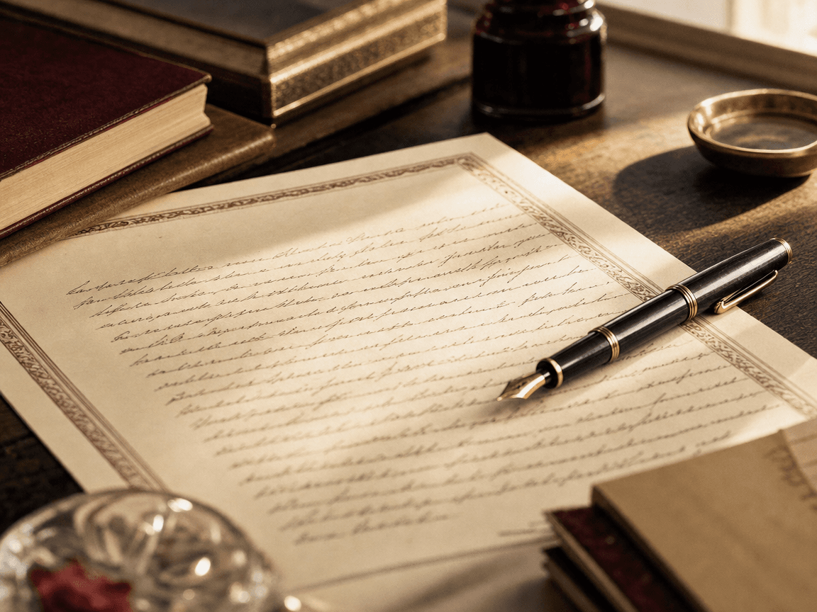 Une police d'assurance-vie manuscrite posée sur une table en bois sombre, un stylo plume abandonné en travers, la lumière de fin d'après-midi rasant les lignes du document sans en révéler le contenu.
