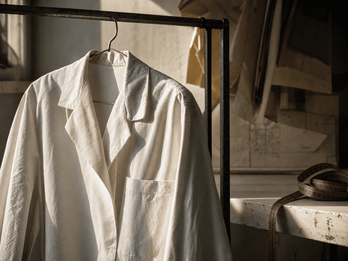 Une blouse de laboratoire accrochée à un portant métallique, froissée, éclairée en lumière rasante dorée, avec dans le coin inférieur droit un centimètre de couturière enroulé sur lui-même.