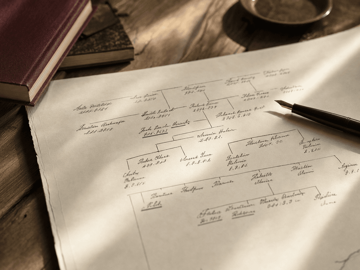 Un exemplaire annoté d'un arbre généalogique manuscrit, posé à plat sur une table en bois clair, éclairé par la lumière oblique d'une fenêtre de matin, quelques lignes soulignées à l'encre bleue, le reste dans l'ombre douce.