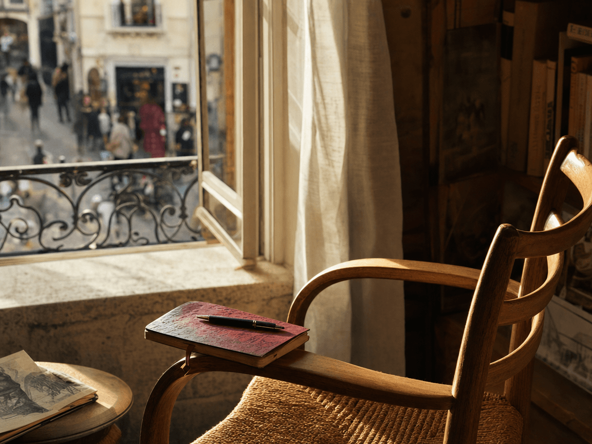 Une chaise en bois clair, légèrement tournée, face à une fenêtre ouverte sur une rue animée, un carnet posé sur l'accoudoir, lumière d'octobre rasante et dorée.