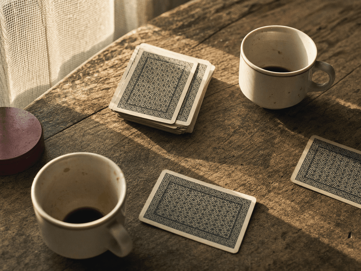 Une table en bois usé sur laquelle reposent des cartes retournées et deux tasses de café à moitié vides, saisie en légère plongée dans la lumière oblique d'une fin d'après-midi.